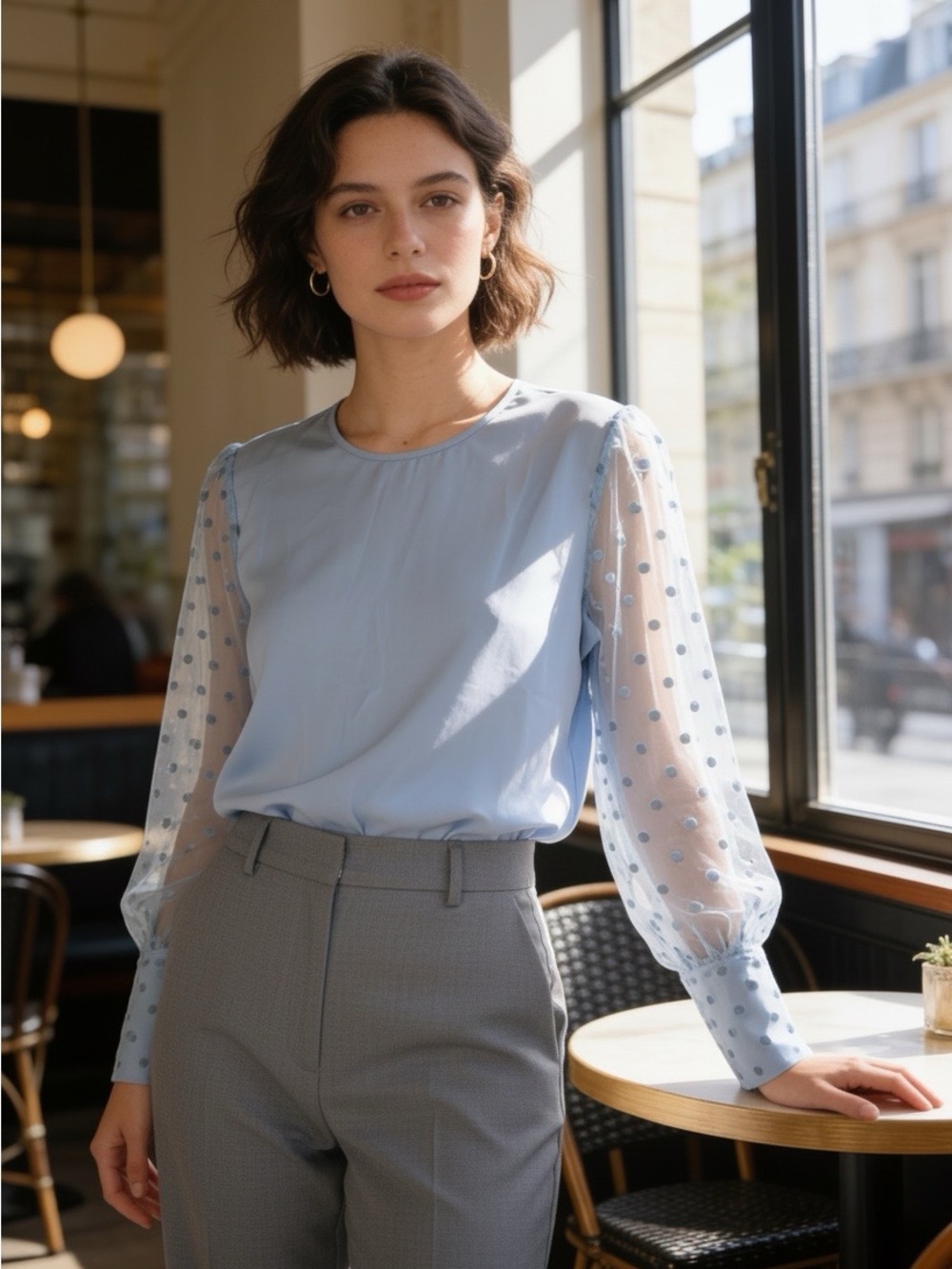 Women’s Light Blue Sheer Polka-Dot Sleeve Blouse Size S NWOT Chic Office Wedding